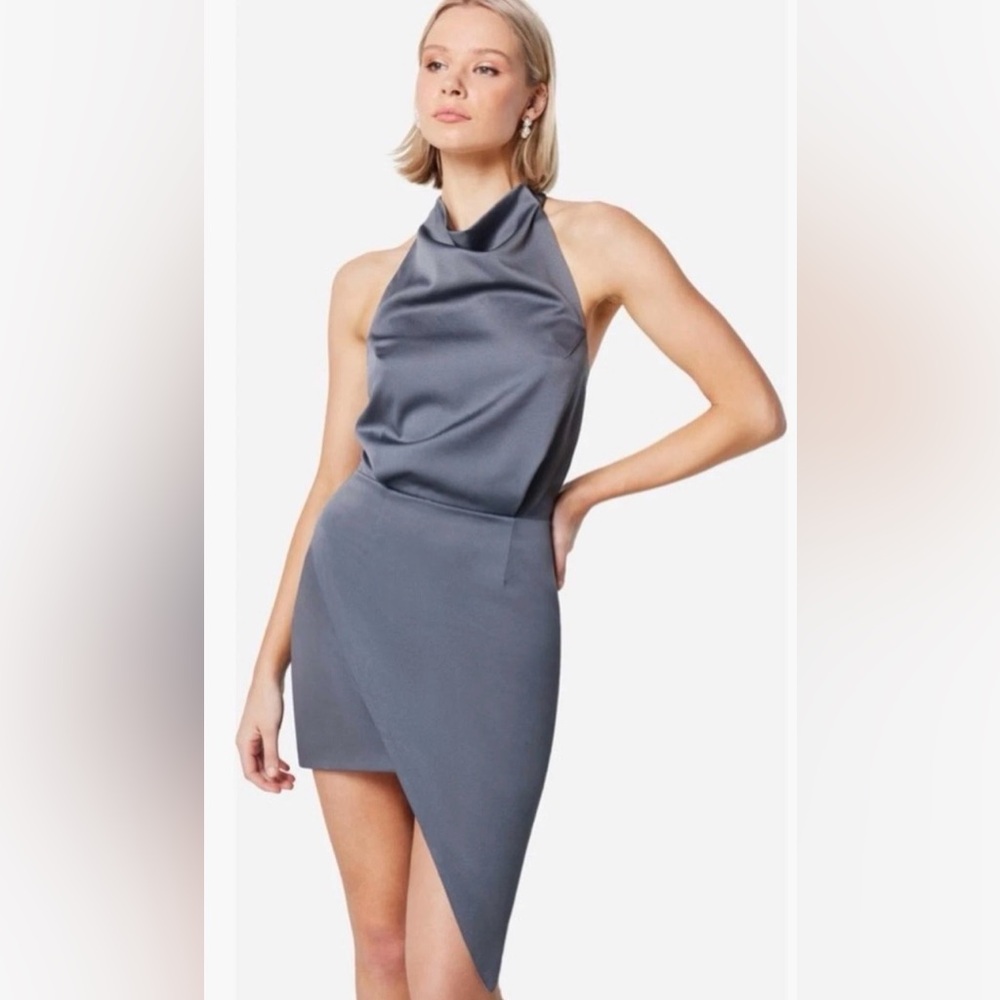 Elliatt Charcoal Satin Camo Halter Asymmetrical Mini Dress NWOT Size L
